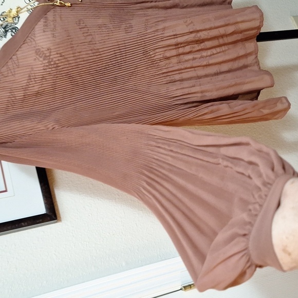 Express Pleated Dress Shirt Sz.L Brown Sheer Vneck Ballon Sleeves - Picture 7 of 14